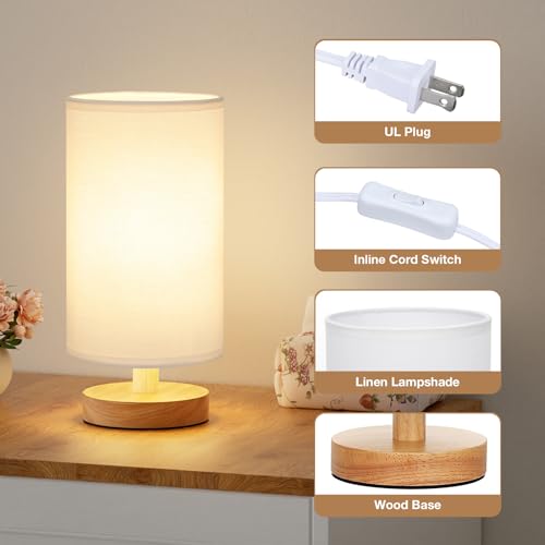 Fenmzee Small Table Lamp for Bedroom - Inline Control, Bedside Lamp with 3000K A15 LED Blub, Easy Assembly (White Shade - Wood Base, 9" Inline Control) - color: White Shade - Wood Base
