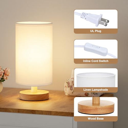 Fenmzee Small Table Lamp for Bedroom - Inline Control, Bedside Lamp with 3000K A15 LED Blub, Easy Assembly (White Shade - Wood Base, 9" Inline Control) - color: White Shade - Wood Base