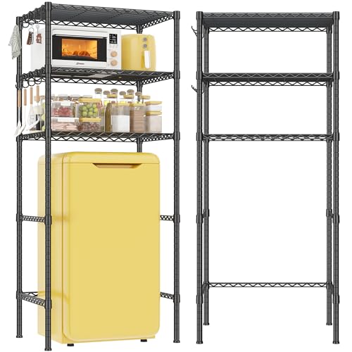 REIBII 3-Tier Mini Fridge Shelf with Storage, 264LBS Metal Shelving with 8 Hooks, Adjustable Height Organizer for Dorm, Kitchen, Apartment & Office, Microwave Rack, 26.38" Wx18.1 Dx65.36 H, Black - size: 26.38Wx18.1Dx65.36H