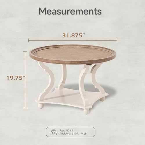 COZAYH Coffee Table - Round Farmhouse Coffee Table - Wood Tray Top, White | 32 in Diameter, 20 in Height, Lower Shelf Storage, Raised Edge, Curved Legs, MDF Construction, 50 lb Capacity - size: 1-Pack Coffee Table