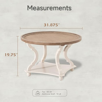 COZAYH Coffee Table - Round Farmhouse Coffee Table - Wood Tray Top, White | 32 in Diameter, 20 in Height, Lower Shelf Storage, Raised Edge, Curved Legs, MDF Construction, 50 lb Capacity - size: 1-Pack Coffee Table