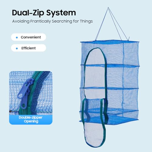Herb Drying Rack, 4 Layers Foldable Drying Rack with Zipper Opening, Hanging Drying Net for Herbs, Fruits, Vegetables, Fish, Shrimp, Foldable Nylon Netting, Blue (13.78X13.78X25.59 in)