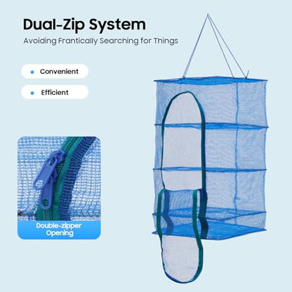 Herb Drying Rack, 4 Layers Foldable Drying Rack with Zipper Opening, Hanging Drying Net for Herbs, Fruits, Vegetables, Fish, Shrimp, Foldable Nylon Netting, Blue (13.78X13.78X25.59 in)