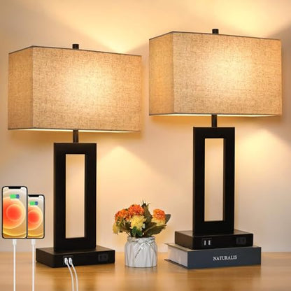 Set of 2 Touch Control Table Lamp with 2 USB Ports, 3-Way Dimmable Modern Nightstand Lamp Sets Bedside Touch Desk Lamp with Fabric Cream Shade For Bedroom Table Living Room Reading, Included Bulbs | 3 Way Dimmable, Touch Control, Fabric Cream Shade, E26 B