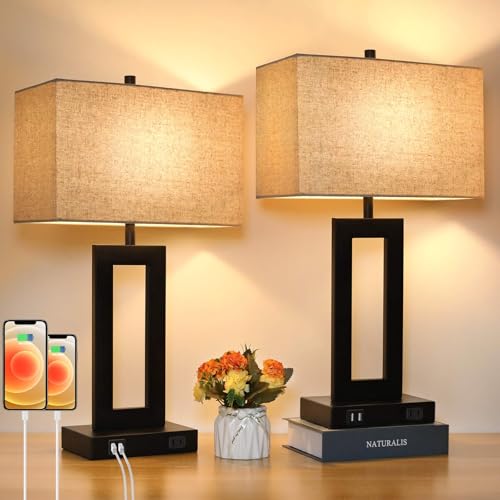 Set of 2 Touch Control Table Lamp with 2 USB Ports, 3-Way Dimmable Modern Nightstand Lamp Sets Bedside Touch Desk Lamp with Fabric Cream Shade For Bedroom Table Living Room Reading, Included Bulbs | 3 Way Dimmable, Touch Control, Fabric Cream Shade, E26 B
