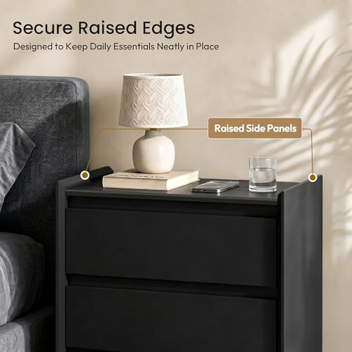 Black Nightstand with Charging Station, 24" H, 3-Drawer Storage | USB-C, USB-A and 2 AC outlets power daily devices; raised-edge top helps create a cleaner modern bedside setup at night. - color: Black, size: 1-Pack, style: 3 Drawers