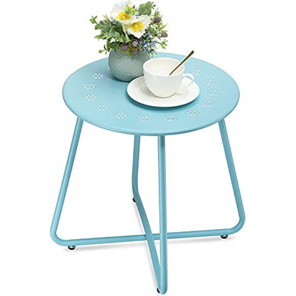 danpinera Outdoor Side Tables with Flower Cut Outs, Weather Resistant Steel Patio Side Table, Small Round Outdoor End Table Metal Side Table for Patio Yard Balcony Garden Blue - color: Blue