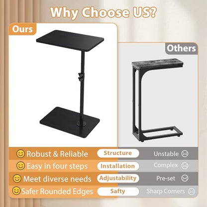 TV Tray Table, Adjustable C Shaped Side Table for Couch, 360°Swivel Couch Side Table C Table That Slide Under Couch Desk for Small Space Sofa Bed Snack Living Room Bedroom (Black) - color: Black