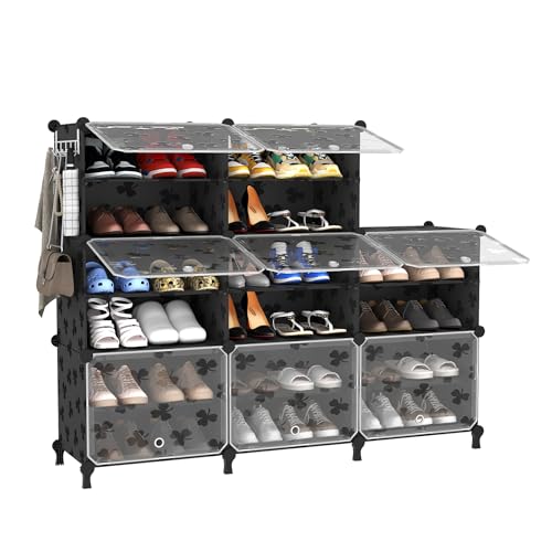 UNKU 8 Tier Shoe Rack, 32 Pair Shoe Storage Cabinet, Black | Plastic Shoe Shelves Organizer for Closet Bedroom Entryway - color: Black, size: 8x2