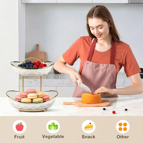 Fruit Basket for Kitchen Counter - Two Tier Ceramic Fruit Bowl with Metal Stand, Fruit Holder for Fresh Fruit&Veggies, Modern Tiered Fruit Platter Serving Trays for Party - color: 2White-Rack02