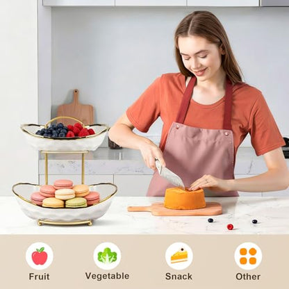 Fruit Basket for Kitchen Counter - Two Tier Ceramic Fruit Bowl with Metal Stand, Fruit Holder for Fresh Fruit&Veggies, Modern Tiered Fruit Platter Serving Trays for Party - color: 2White-Rack02