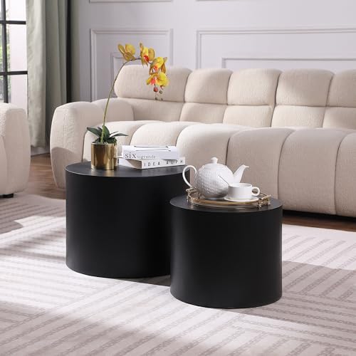 Round Coffee Table Set of 2, Nesting Coffee Table and End Table Set Wood Small Circle Drum Side Table for Living Room Office, No Assembly - color: Black