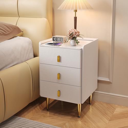STARSAGA Narrow Nightstand with Drawers, 15.75" Narrow Bedside Table for Bedroom, Solid Wood Narrow Night Stand with Sintered Stone Top & Leather Surface, Slim Nightstand for Small Spaces, White - color: White, size: 15.7''×15.7''×24.5''