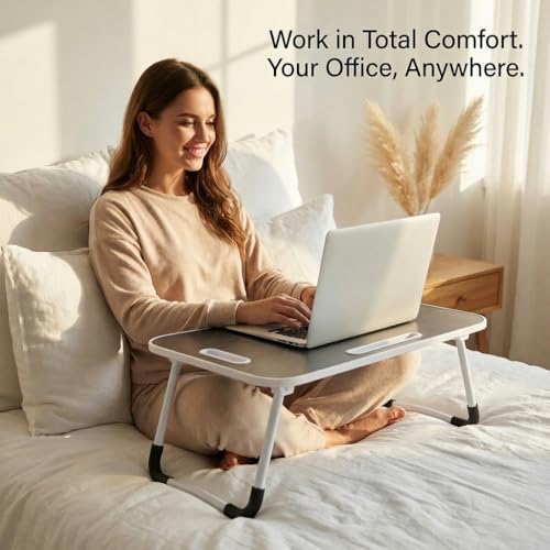 BUYIFY 23" Foldable Lap Desk for Laptop Writing w/Cup Holder Black | Sturdy and Durable, Laptop Bed Desk with Tablet Slot, No Assembly, Space Saving for Bed Couch Dorm WFH Students - color: Black-gold