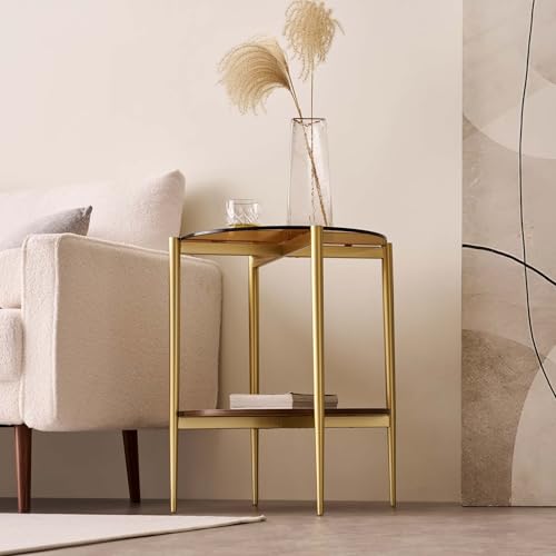 LumFurn Round Glass End Table, Mid-Century Modern Design Sofa Table for Living Room, D18 x H23, 2-Tier Structure, Amber Glass Top and Walnut Shelf, Sleek Conical Legs with Gold Finish Frame - color: Amber & Walnut, size: D18" Round End Table