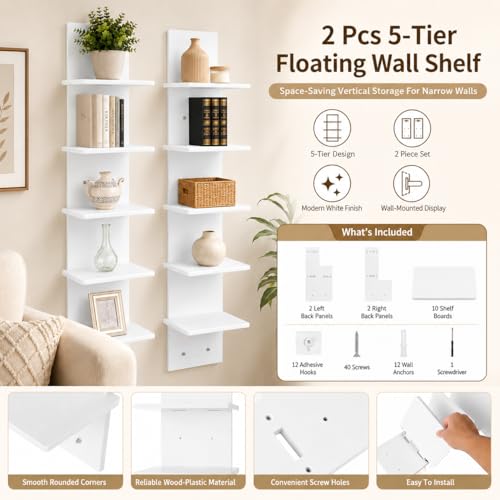 2PCS 5 Tiers Floating Wall Shelf, Small Vertical White Floating Shelf for Narrow Spaces, Modern Wall-Mounted Decorative Shelves for Bedroom Living Room, Lightweight Wood-Plastic - size: 2PCS