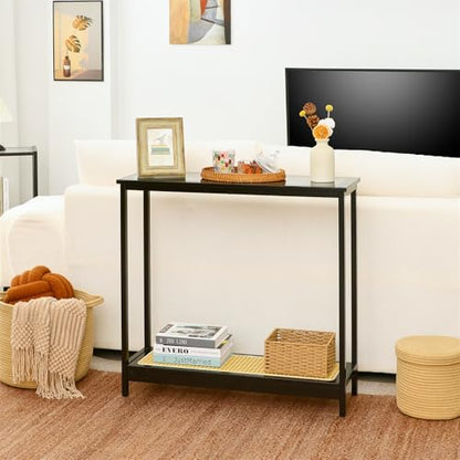 Bamboo Narrow Console Table, 31.5"(L) Wood Small Entryway Table with Rattan and Glass, Accent Slim Hallway Tables, Thin Sofa Side Tables for Hallway, Living Room, Bedroom, Foyer, Black - color: Black 31.5"(l)