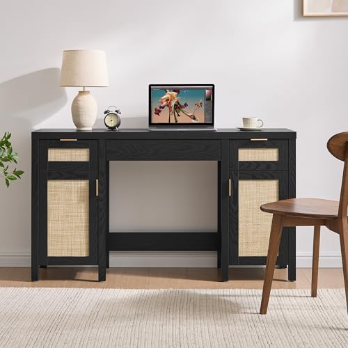 SICOTAS Rattan Vanity Home Office Desk with 3 Drawers, 52 Inch Vanity Table | Farmhouse Boho Makeup Vanity Dressing Table with Large Storage, Vanities Desk for Makeup Room, Bedroom, Office - size: 1 Piece, style: Black Oak
