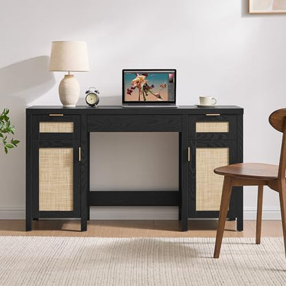 SICOTAS Rattan Vanity Home Office Desk with 3 Drawers, 52 Inch Vanity Table | Farmhouse Boho Makeup Vanity Dressing Table with Large Storage, Vanities Desk for Makeup Room, Bedroom, Office - size: 1 Piece, style: Black Oak