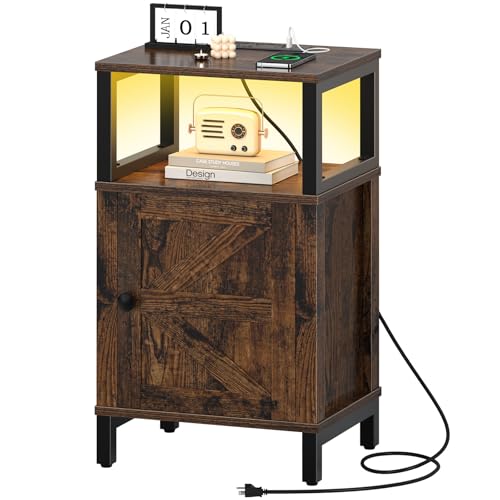 Yoobure Farmhouse NightStand with Charging Station，Wood Night Stand End Table with USB Ports, LED Bed Side Table with Storage Cabinet，Bedside Table for Bedroom, Living Room Rustic Brown - color: Rustic Brown