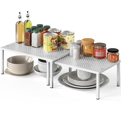 Simple Houseware Expandable Stackable Kitchen Counter Shelf Organizer, White, Metal Top, 11.25"L x 7.9"W x 5.4"H | Expandable & Stackable 9" D x 12.75" W x 5.9" H - color: White