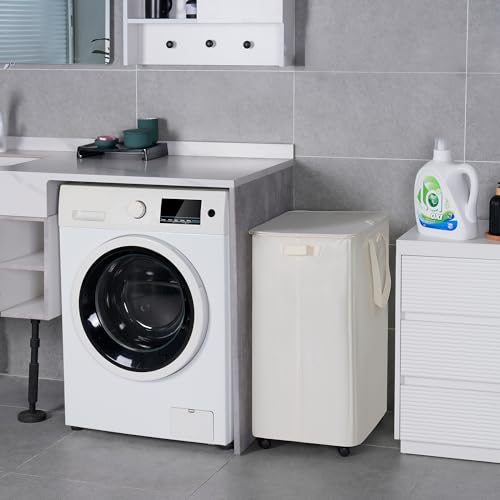 Vincona Slim Laundry Hamper with Lid and Wheels, Small Rolling Laundry Basket with Handle for Small Spaces, Tall Dirty Clothes Hampers for Dorm, Bathroom and Bedroom, 95L, Beige - size: 95L