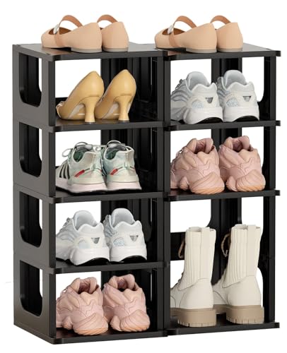 Stackable Small Shoe Rack for Closet 10 Tier - Remove Shelf for Boots | Easy tool-free assembly, sturdy stable structure, for small spaces, slim adjustable shoe rack saves space, modular design - color: Black, size: 10 Tier