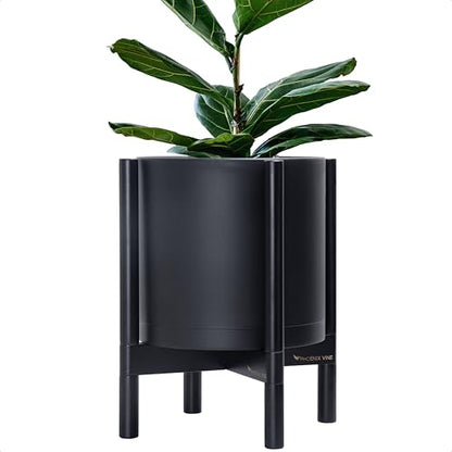 D'vine Dev Plastic Pot with Ebony Wood Stand, Black, 12 in, 55-C-Q-2 | Mid-Century Inspired Design, Elevated Plant Display, Clean Lines, Sturdy Support, Modern Space-Saving Style - color: Matte Black Pot + Ebony Stand, size: 12 Inch
