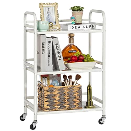 HDANI 3 Tier Rolling Cart Shelves,Heavy Duty Multifunctional Metal Frame-Supports 22 Lbs Per Tier,Rolling Cart with 2 Lockable Wheels for Home, Office,Kitchen,Bathroom,Bedroom,White - color: White, size: Small