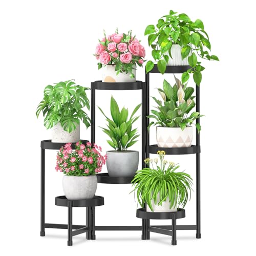iDavosic.ly 7 Tier Folding Plant Stand Indoor Outdoor with Plastic Tray, Tiered Corner Flower Holder Shelf, Metal Orchid Display Rack for Patio Porch Living Room Garden Balcony, Modern Black - color: Black, size: 7 Tiers