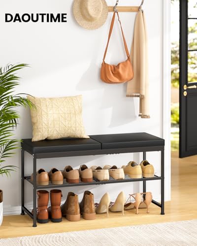 DAOUTIME Shoe Rack Bench, 2-Tier Shoe Storage Organizer with PU Seat Cushion, Entryway Bench with Height-Adjustable Metal Mesh Shelves, Modern Bench Seat for Bedroom Living Room Hallway Foyer, Black