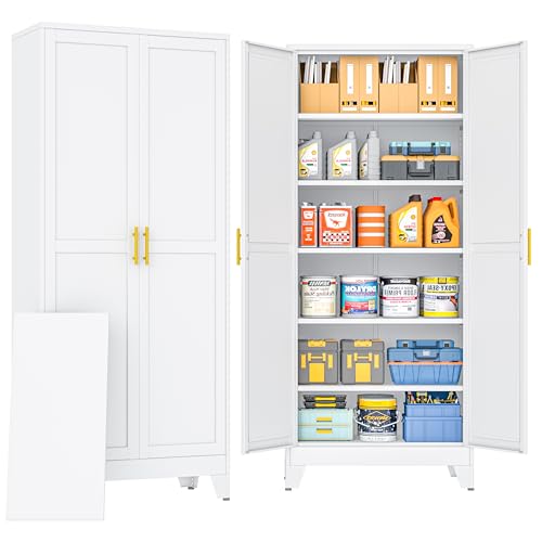 PAOFIN 75" Metal Storage Cabinet with 2 Doors and 5 Adjustable Shelves,White Metal Garage Storage Cabinets, File Cabinet,Steel Tool Cabinets for Home,Office,Garage,School,Warehouse - color: White, size: 75"-C