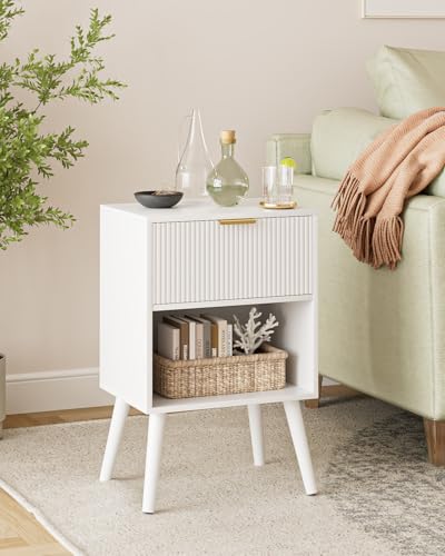 Aienvey Nightstand, Small Bedside Table with Storage Drawers, White Stripe | Modern Night Stand with Drawer and Wood Leg, Small Side Table with Open Shelf, End Table for Bedroom,Living Room,Small Spaces - color: White Stripe