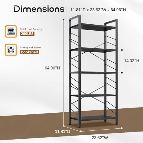 DurayLoly 5-Tier Bookshelf, Black Metal Bookshelf for Home Office, Black | Robust Steel Frame, Stable X-bracing Design, Large Capacity - color: Black, size: 5 Tier - 1 pc