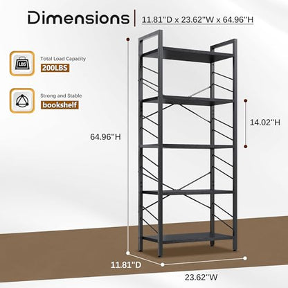 DurayLoly 5-Tier Bookshelf, Black Metal Bookshelf for Home Office, Black | Robust Steel Frame, Stable X-bracing Design, Large Capacity - color: Black, size: 5 Tier - 1 pc