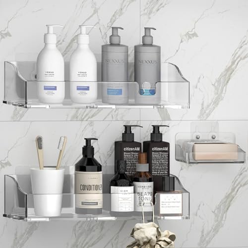 Acrylic Shower Shelves 3 Pack, Clear Adhesive Shower Caddy Organizer, Rustproof No Drill Wall Mount Bathroom & Kitchen Storage Rack - color: Clear