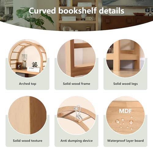 5-Tier Solid Wood Open Bookcase, Modern Arched Bookshelf, Home Office Shelf Storage Organizer, Storage Display Rack Shelf for Living Room (Natural)