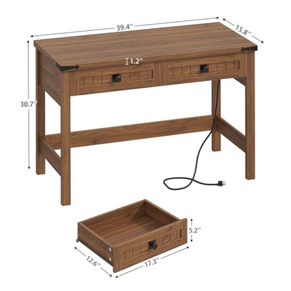 YOMILUVE Farmhouse Computer Desk with 2 Drawers, 39 Inch Small Office Computer Desk with Power Outlets, Compact Writing Study Vanity Desk for Small Spaces, Brown - color: Brown