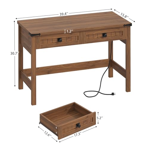 YOMILUVE Farmhouse Computer Desk with 2 Drawers, 39 Inch Small Office Computer Desk with Power Outlets, Compact Writing Study Vanity Desk for Small Spaces, Brown - color: Brown