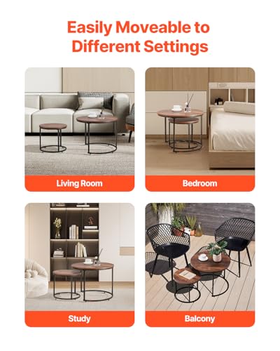 VEVOR Nesting Tables, Coffee Table Set of 2, 23.6 inch Round Coffee Table, Small Coffee Tables Night Stand with Metal Frame, for Living Room, Bedroom, Office (Brown & Black) - color: Brown