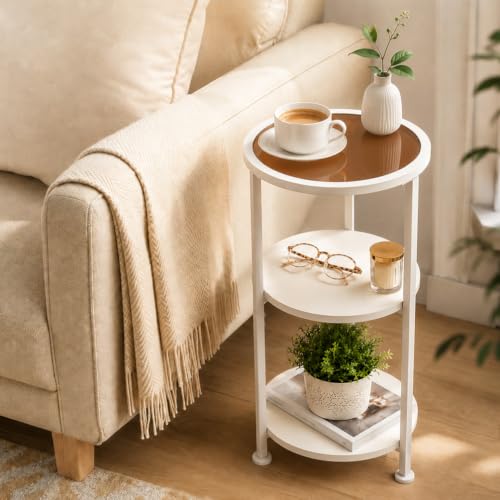 Modern 3-Tier Round End Table with Amber Tempered Glass Top, 11.8" Small Side Table for Living Room, Bedside Nightstand with Metal Frame & MDF Shelves for Small Spaces, White & Gold-Tone Accents - color: White