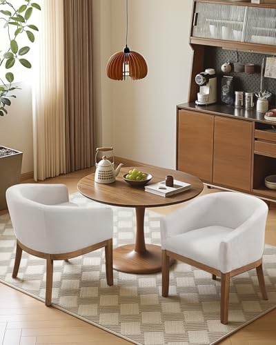 Barrel Dining Chair with Arms Set of 2, Upholstered Linen Armchair, Curved Back Mid-Century Accent Chair with Solid Wood Legs for Kitchen Dining Room, Breakfast Nook, Home Office, Beige - color: Beige