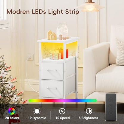 Vagusicc Set of 2 White Nightstand with Charging Station and LED Lights, Narrow Side Table, LED Night Stand with 2 Fabric Drawers, Bedside Table Small End Table, Tall Nightstand for Bedroom, White - color: White, size: 2, style: With LEDs