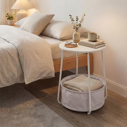 Modern Round Side End Table with Fabric Storage Basket, Matte White and Camel Brown, Contemporary Nightstand (White) - color: White
