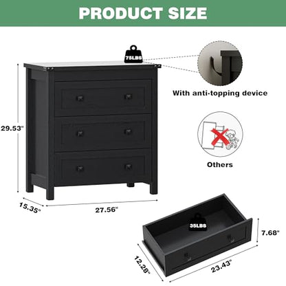 Xixini Farmhouse Nightstand with 3 Storage Drawers, 27.55" Wide Wood Bedside Table, Modern Side Table with Metal Handle, End Table for Bedroom, Black - color: Black