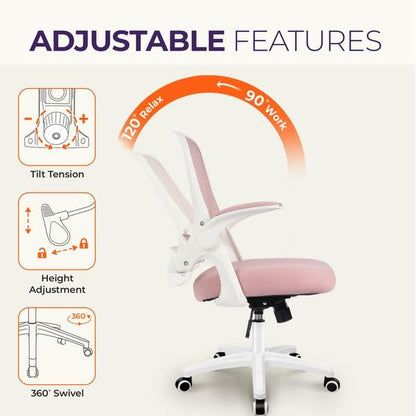 NEO CHAIR Office Desk Gaming Ergonomic Computer Chair with Lumbar Back Support Adjustable Height Swivel Rolling Wheels Flip-up Arms Mesh Chair for Home Vanity (Pink) - color: Pink