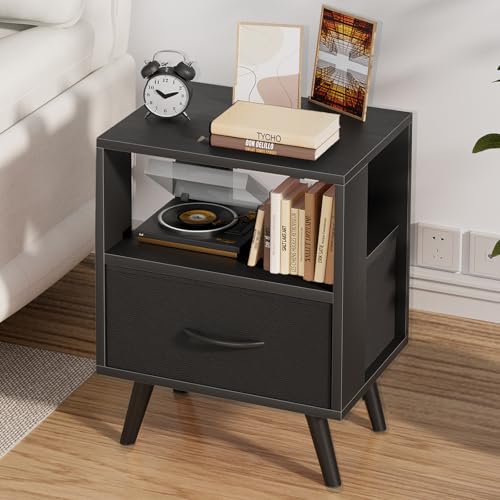 Aenuert Night Stand, Black Nightstand with Drawer, Side Table with Open Storage, 2-Tier Modern End Table, Bedside Table for Small Space, Living Room, Bedroom - color: Black, size: 2-Tier