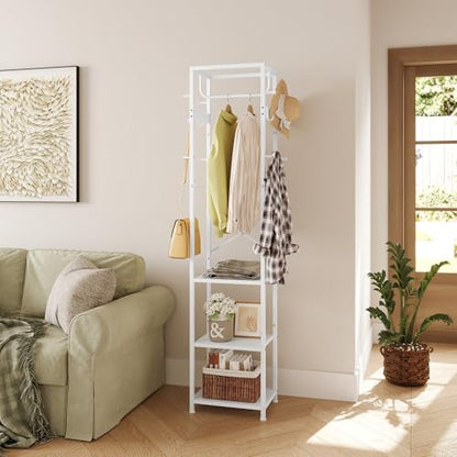 ELYKEN Coat Rack Freestanding, Hall Tree with 3 Storage Shelves and 12 Hooks, Industrial Clothes Rack Stand Organizer for Bedroom, Hallway, Entryway, Office, Living Room, White - color: White