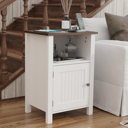 Furnify Farmhouse Nightstand Set of 2, Night Stand with Charging Station and USB Port, Modern Nightstand with Storage Shelf, Rustic Side Table with Open Space, Side Table for Bedroom, White - color: White