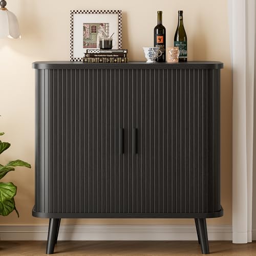 Sideboard Buffet Cabinet with Sliding Door, 31.5" Wide Fluted Modern Accent Storage Cabinet with Adjustable Shelves, Wood Coffee Bar Buffet Console Table for Kitchen, Dining Room, Living Room, Black - color: Black